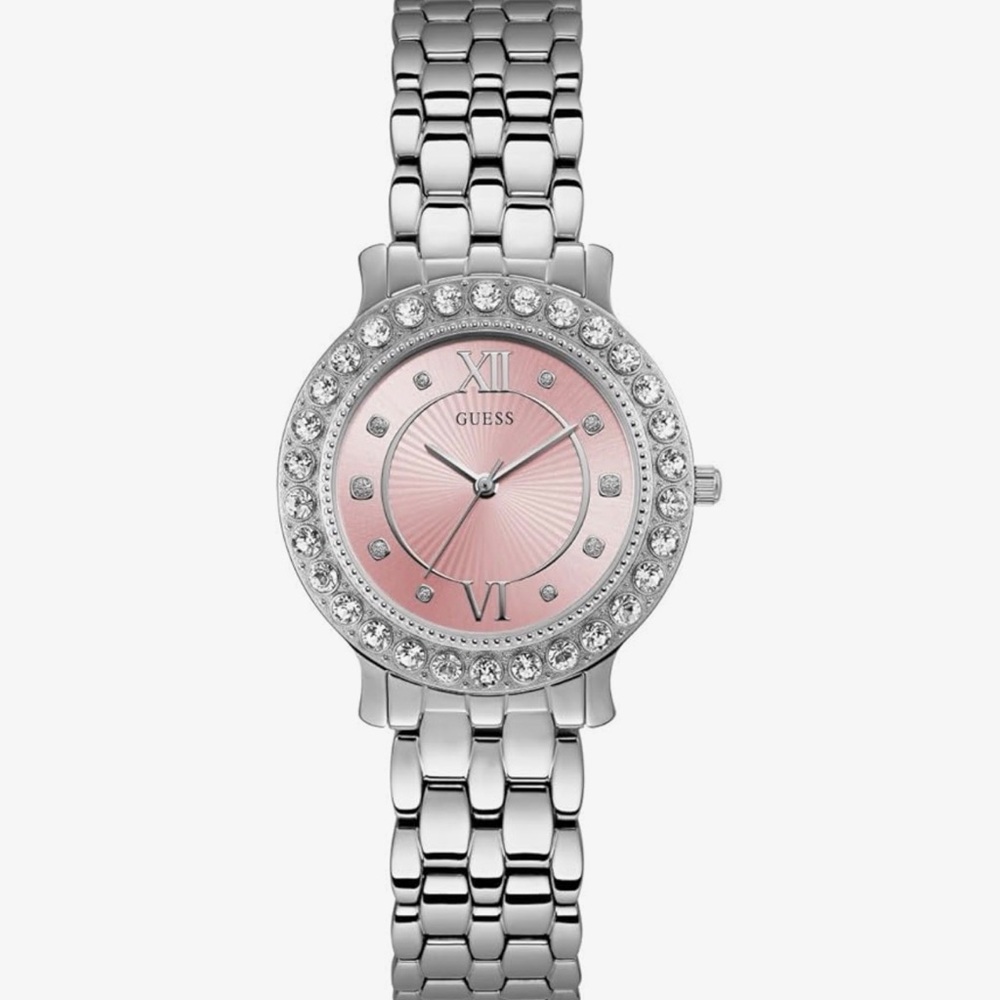 GUESS Silver Tone Bracelet Watch Pink Crystal Bezel Stainless Steel Women’s - Picture 1 of 11